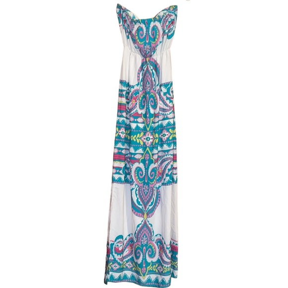 •PINK OWL•NWOB BOUTIQUE WHITE & TEAL STRAPLESS PAISLEY MAXI DRESS SIZE SMALL - Picture 3 of 8